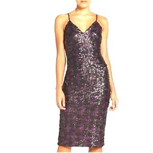 Dress the Population Nina Sequin Midi Dress sz Medium Black Cocktail purple Glam